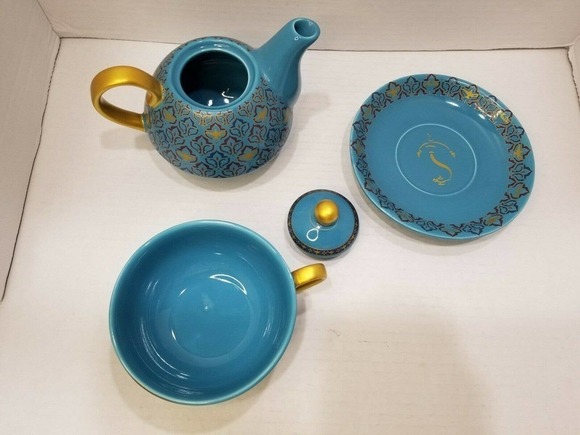 Disney Aladdin The Musical Teapot Cup Saucer Magic Lamp 3 pc set blue RARE - Picture 6 of 9